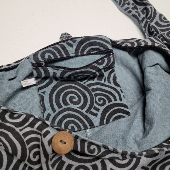 Boho Shoulder Bag Large Pouch Zipper Button Wide Strap Cotton Thailand Hippie - Picture 7 of 7